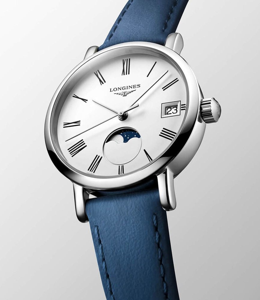 Longines Elegant 30mm White Dial Moonphase Blue Leather Strap Watch image number 1