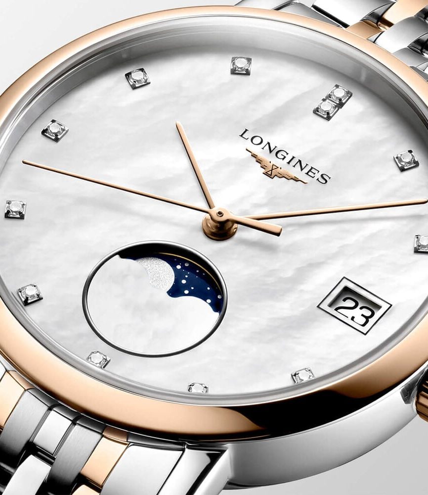 Longines Elegant 30mm MOP Dial Moonphase Diamond Dots Two Tone Steel Bracelet Watch image number 2
