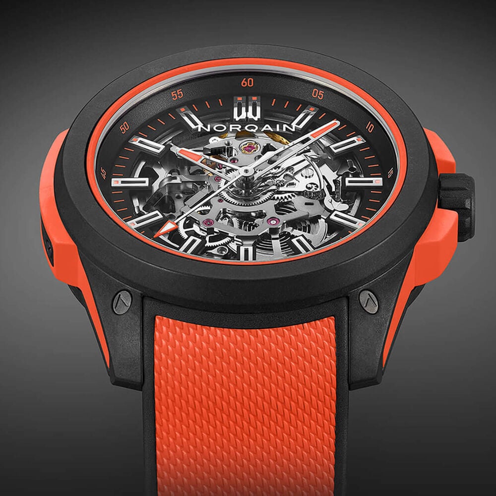 NORQAIN Wild ONE Skeleton 42mm Dial Coral Red Rubber Strap Watch image number 2