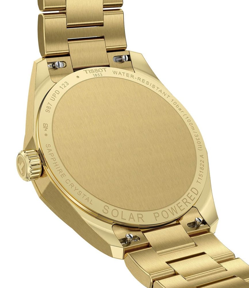 Tissot PRC 100 Solar 34mm Gold Dial Yellow Gold PVD Steel Bracelet Watch image number 2